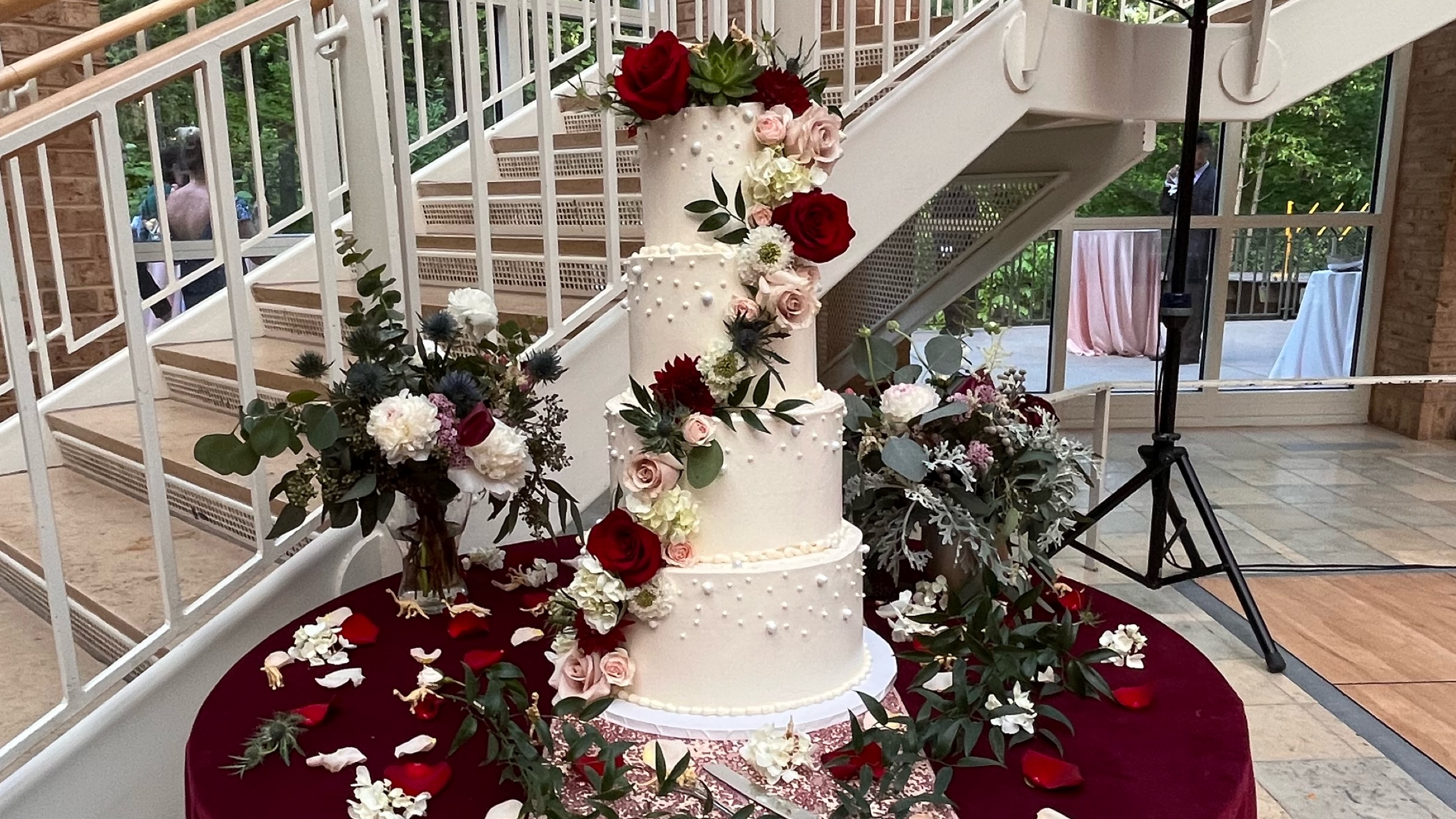 Classic Wedding Cake at Dinosaur Museum with Fresh Flowers
